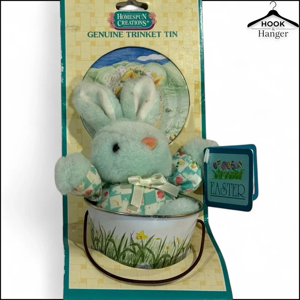 Vintage‎ Homespun Creations Easter Trinket Tin Bucket Lid Mint Green Bunny 90s